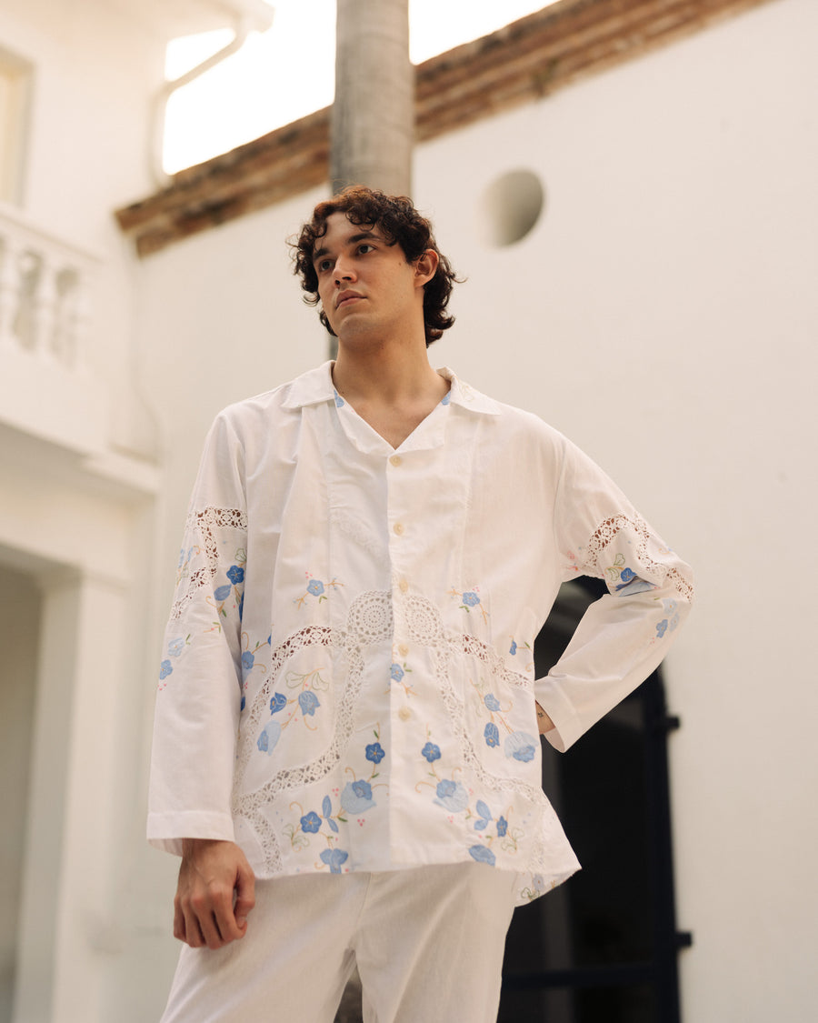 The Blue Appliqué Floral Shirt - L